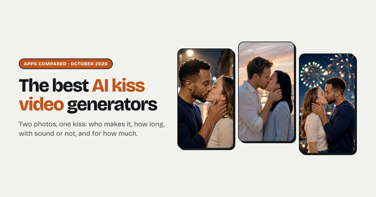 The best AI kiss video generators: a couple kissing on a rainy street at night, a couple kissing on a beach at sunset, and a couple kissing under rooftop fireworks