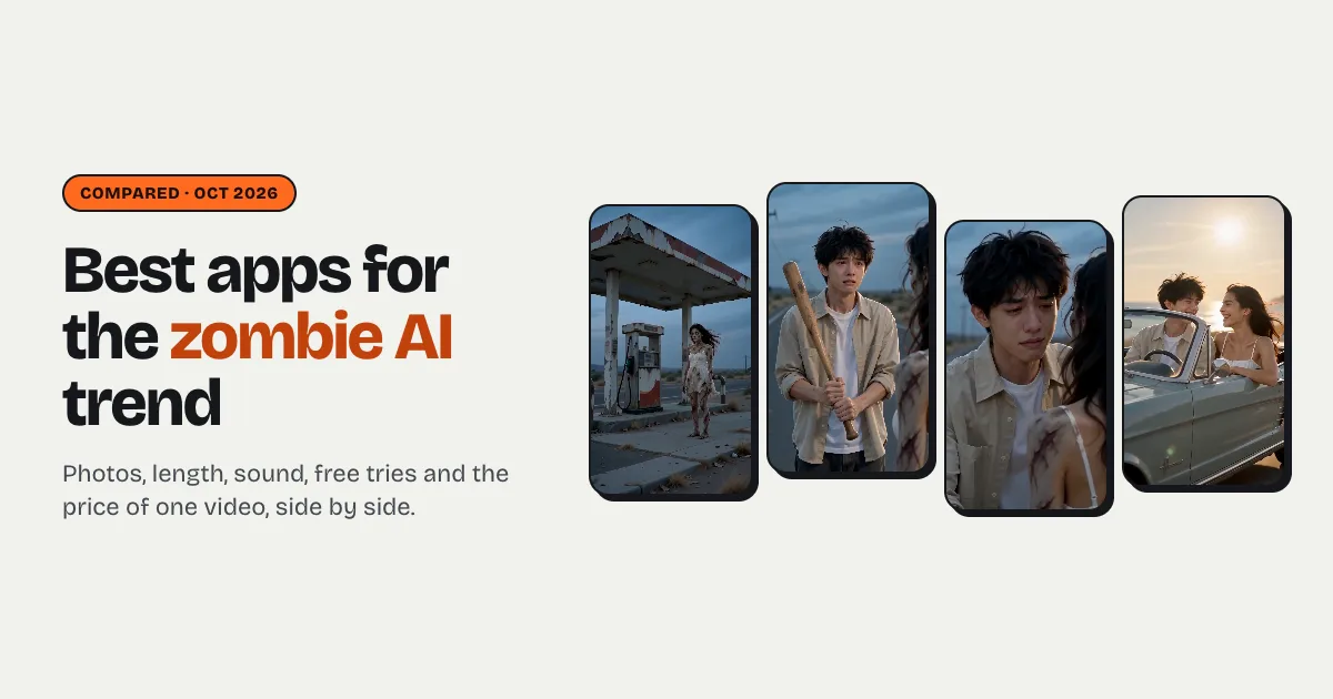 Zombie AI trend apps compared: a zombie at a highway gas station at dusk, the hug, and a road-trip memory